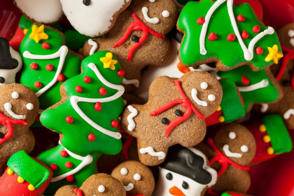 Gingerbread, Christmas tree, and snowman holiday cookies