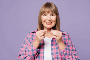 a patient smiling and holding their Invisalign aligner